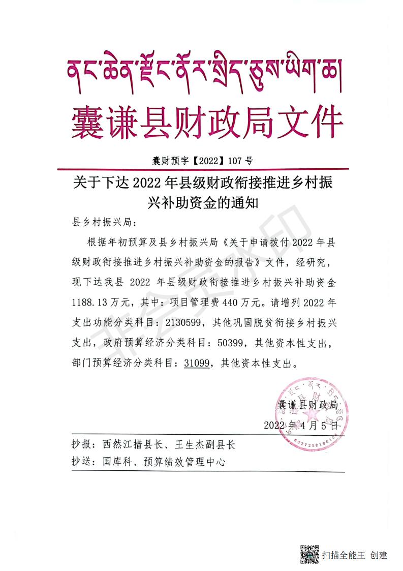 关于下达2022年县级财政衔接推进乡村振兴补助资金的通知